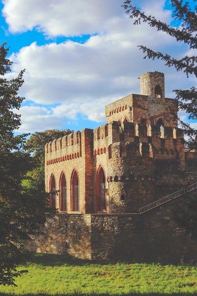 brown castle surrounded with tall and green trees under blue and white skies during daytime